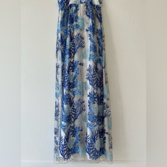 Nicole Miller White with Blue Floral Embroidered Sheer Overlay Maxi Dress - Picture 9 of 11